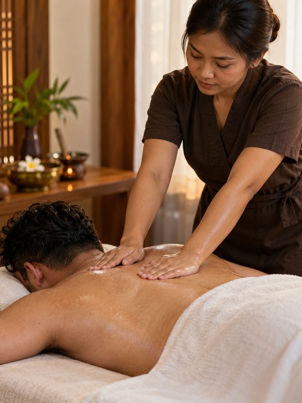 A therapist pressing along a client's upper back during a body massage