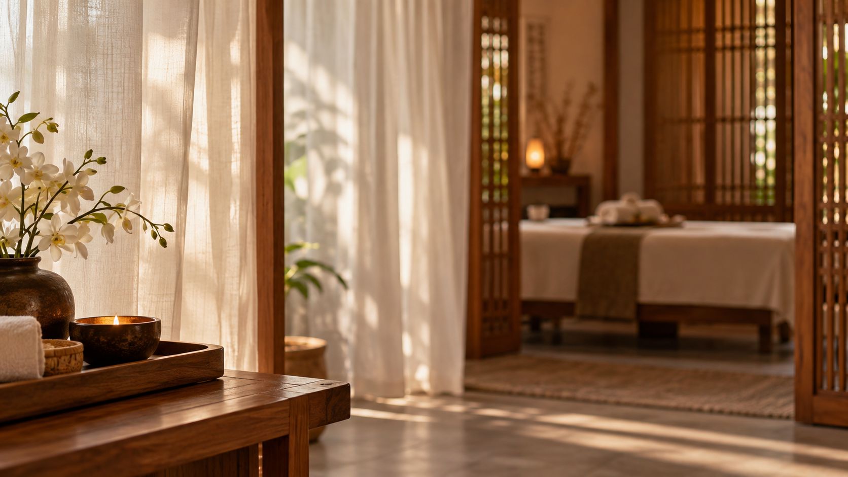A softly lit massage room with cream linen curtains and teak screens