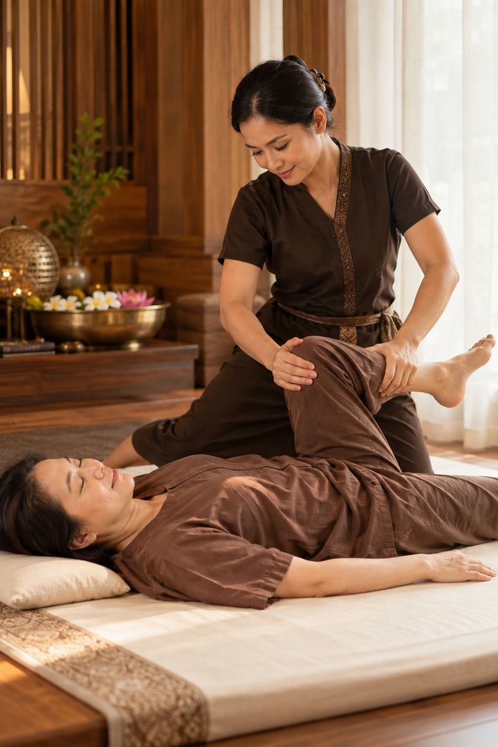 A Thai massage therapist gently stretching a client's leg during a traditional Thai massage