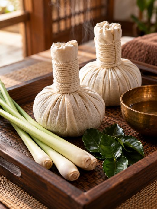 Thai herbal compress balls with lemongrass and kaffir lime leaves on a teak tray