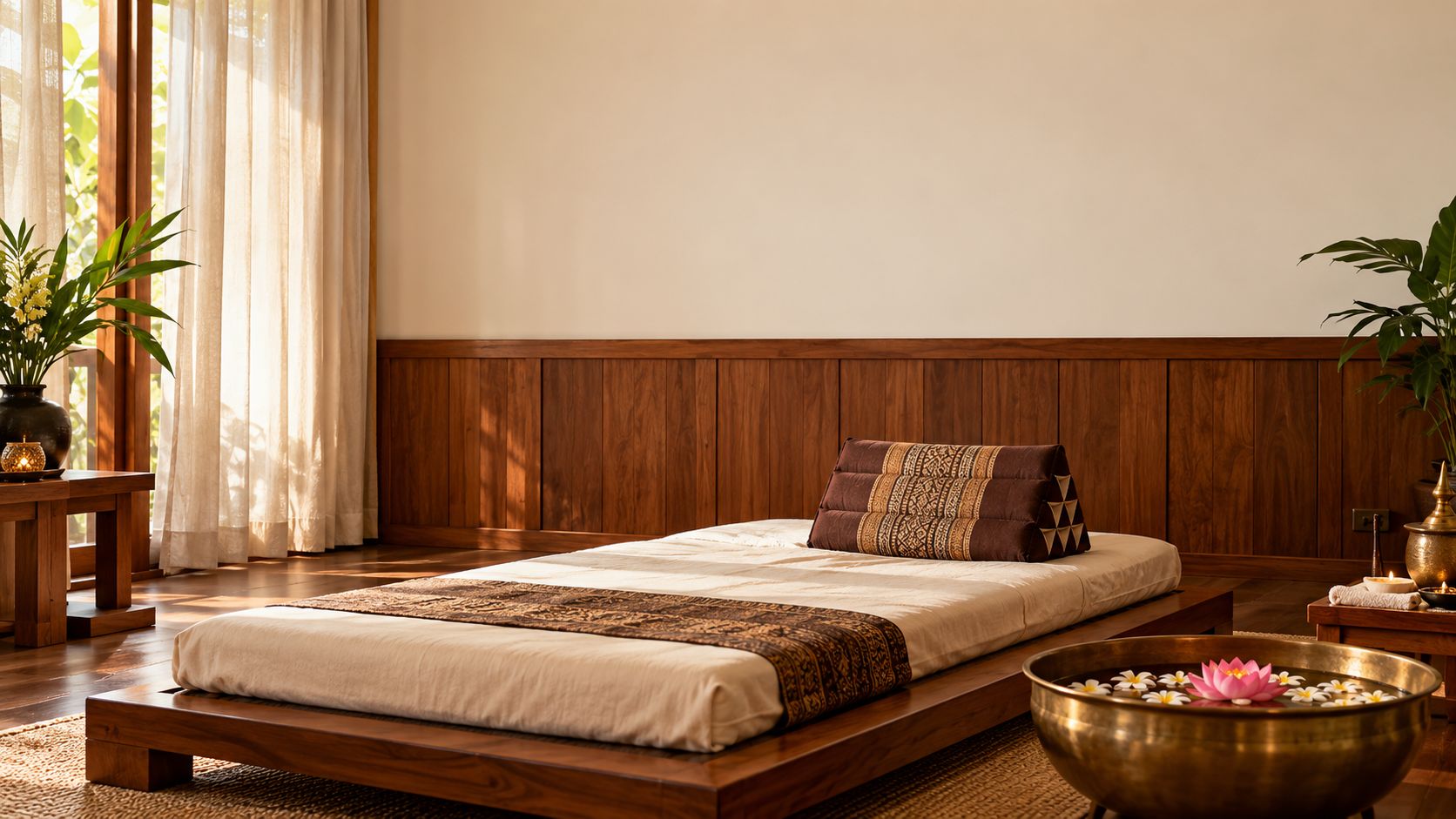 A calm Thai massage room with a teak massage platform, cream linen and a brass bowl of floating frangipani and lotus