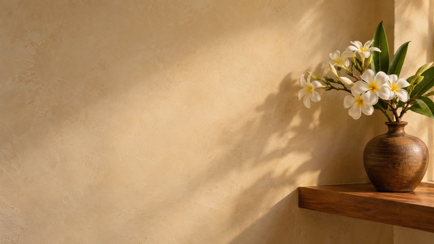 A sand coloured wall with a branch of white frangipani on a teak shelf