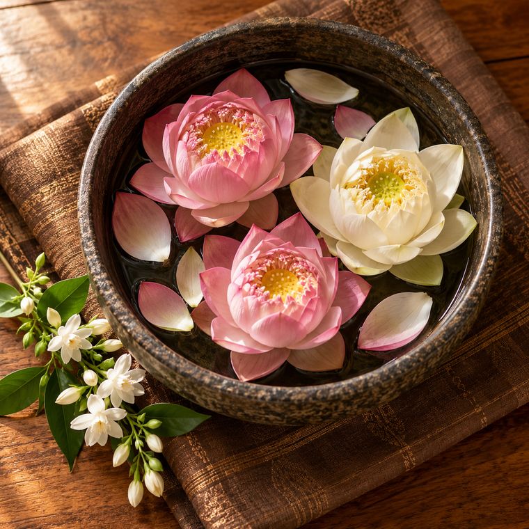 Pink and white lotus flowers floating in a stone bowl on brown Thai silk