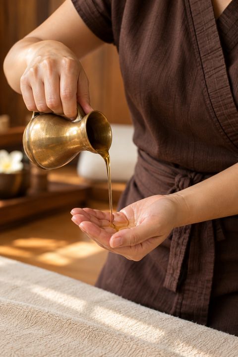 A therapist pouring warm massage oil from a brass jug into her palm