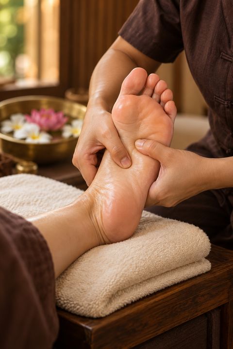 A therapist's thumbs pressing the sole of a foot during foot reflexology