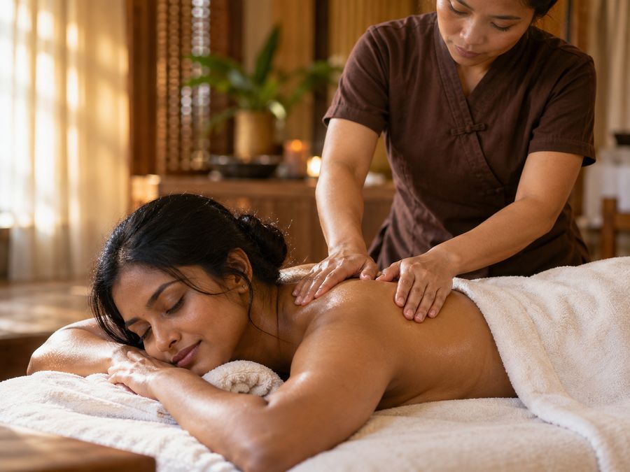 A client resting face down and relaxed while a therapist's hands rest on her shoulders
