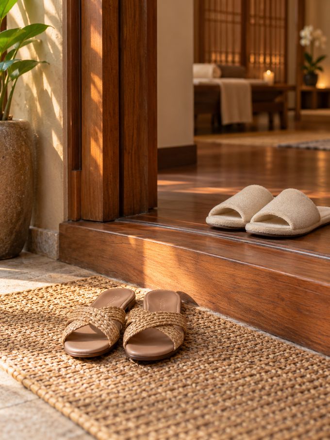 Sandals left neatly on a rattan mat at a teak threshold, with slippers waiting inside