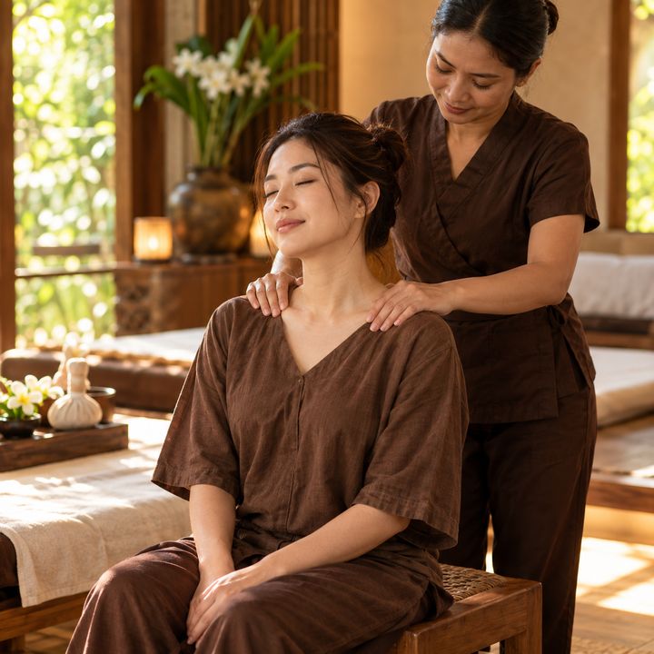 A Thai massage therapist kneading a seated client's shoulders