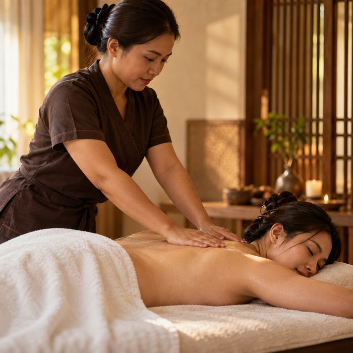 A therapist gliding her palms along a client's back during an oil body massage