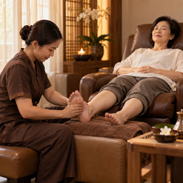 A client reclining in a reflexology chair while a therapist massages her foot