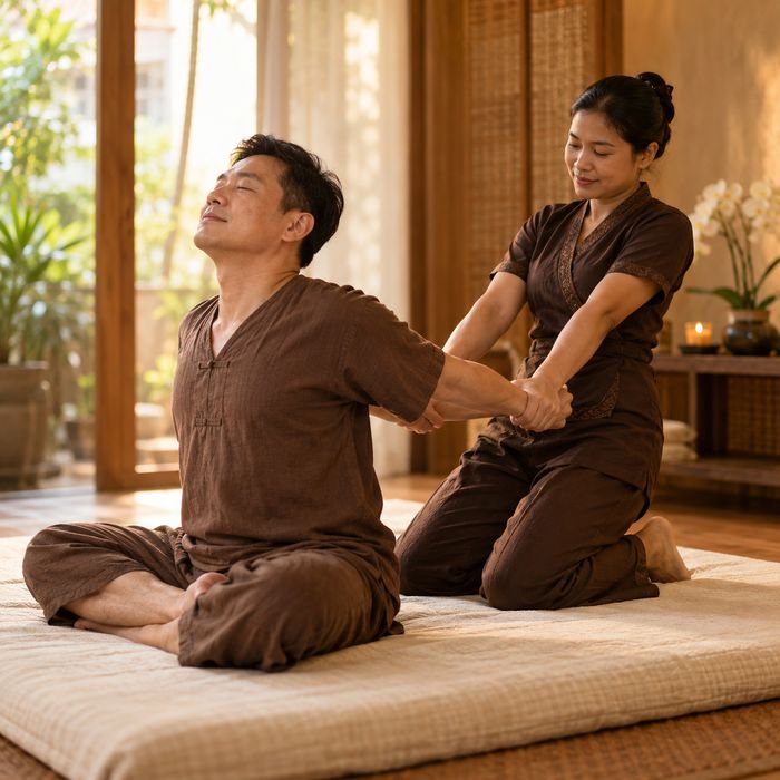 A therapist giving a seated Thai massage back stretch on a floor mat