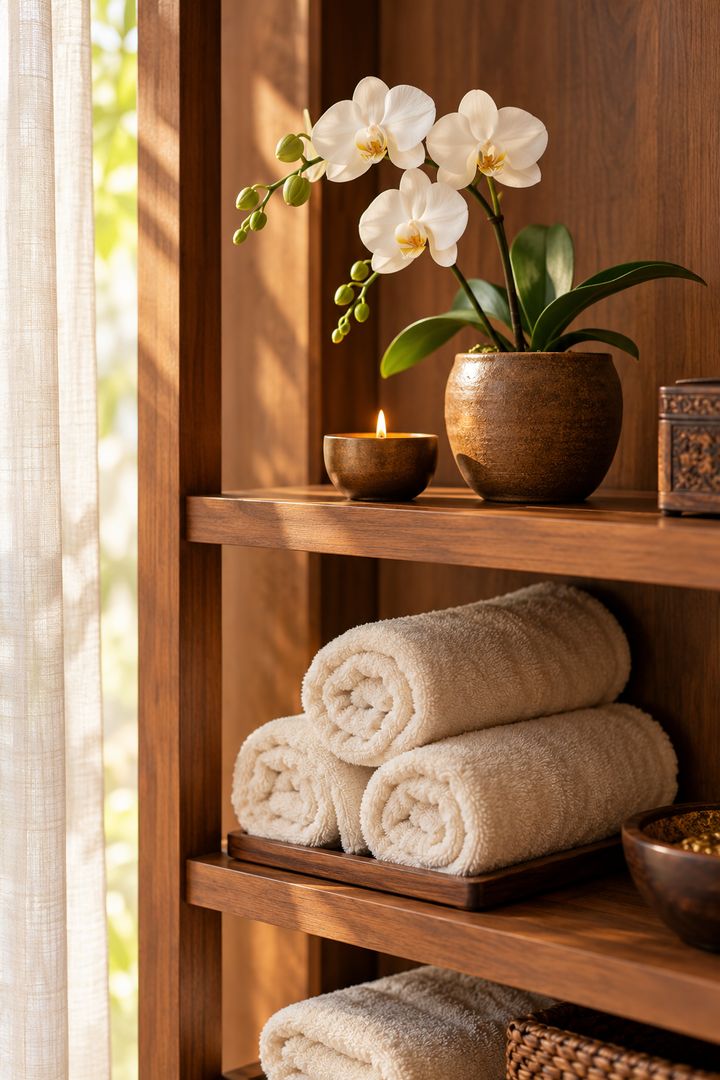 Rolled cream towels, a white orchid and a candle on a teak shelf