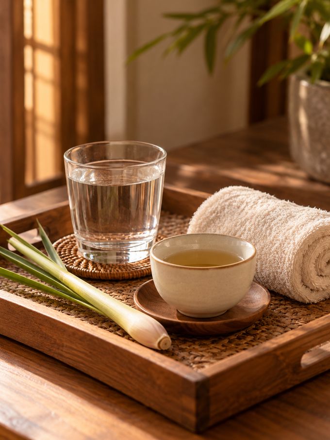 A glass of warm water and a cup of lemongrass tea on a teak tray with a folded towel